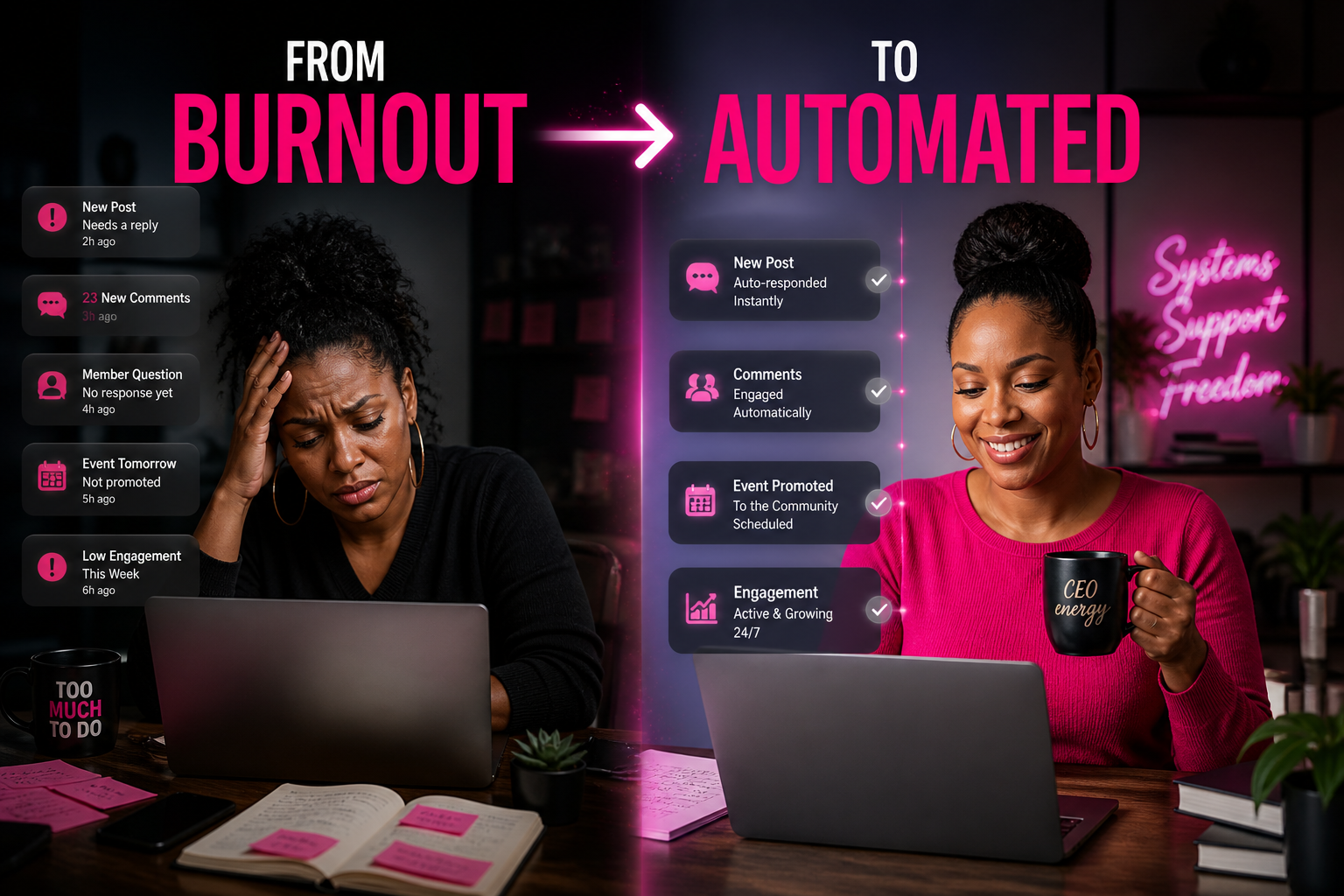 From burnout managing your Skool community manually to automated AI-powered engagement