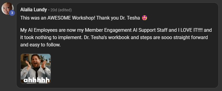 Screenshot of Alalia Lundy's testimonial about Dr. Tesha's AI workshop