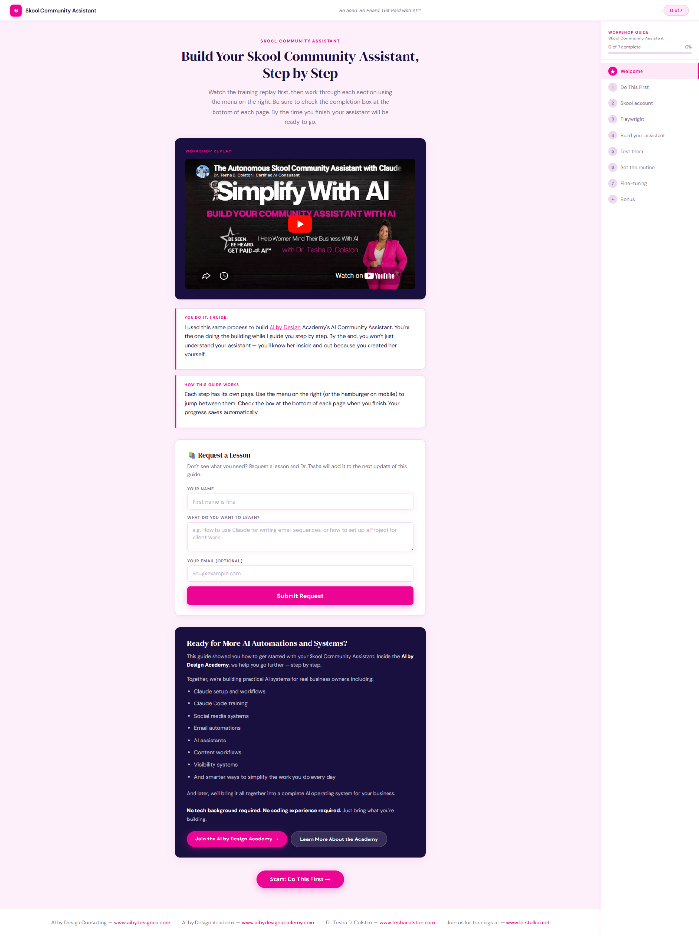 Preview of the interactive Skool Community Assistant workbook with step-by-step navigation